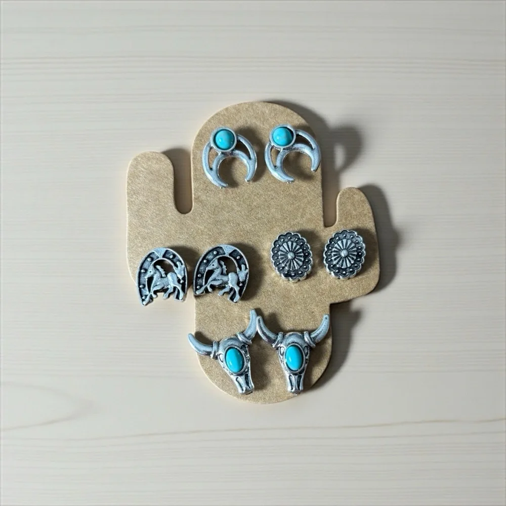 Turquoise and Silver Western Rodeo Earrings Set, horse shoe, cow skull